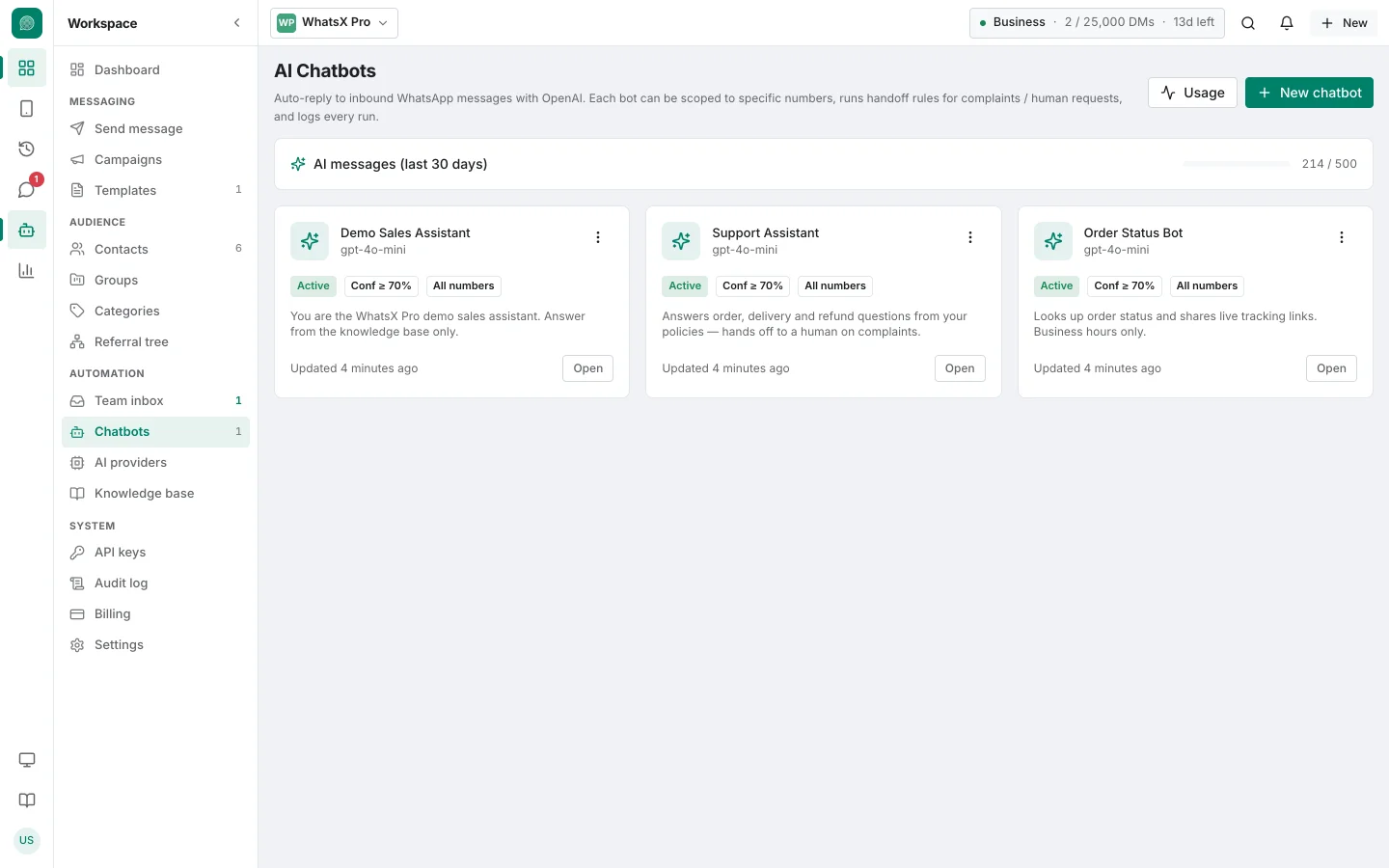 WhatsX Pro Chatbots screen