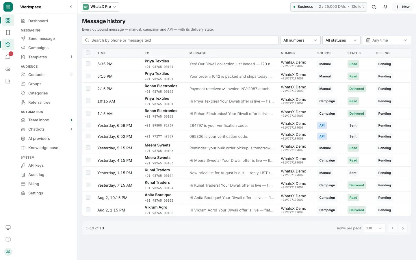 WhatsX Pro History screen