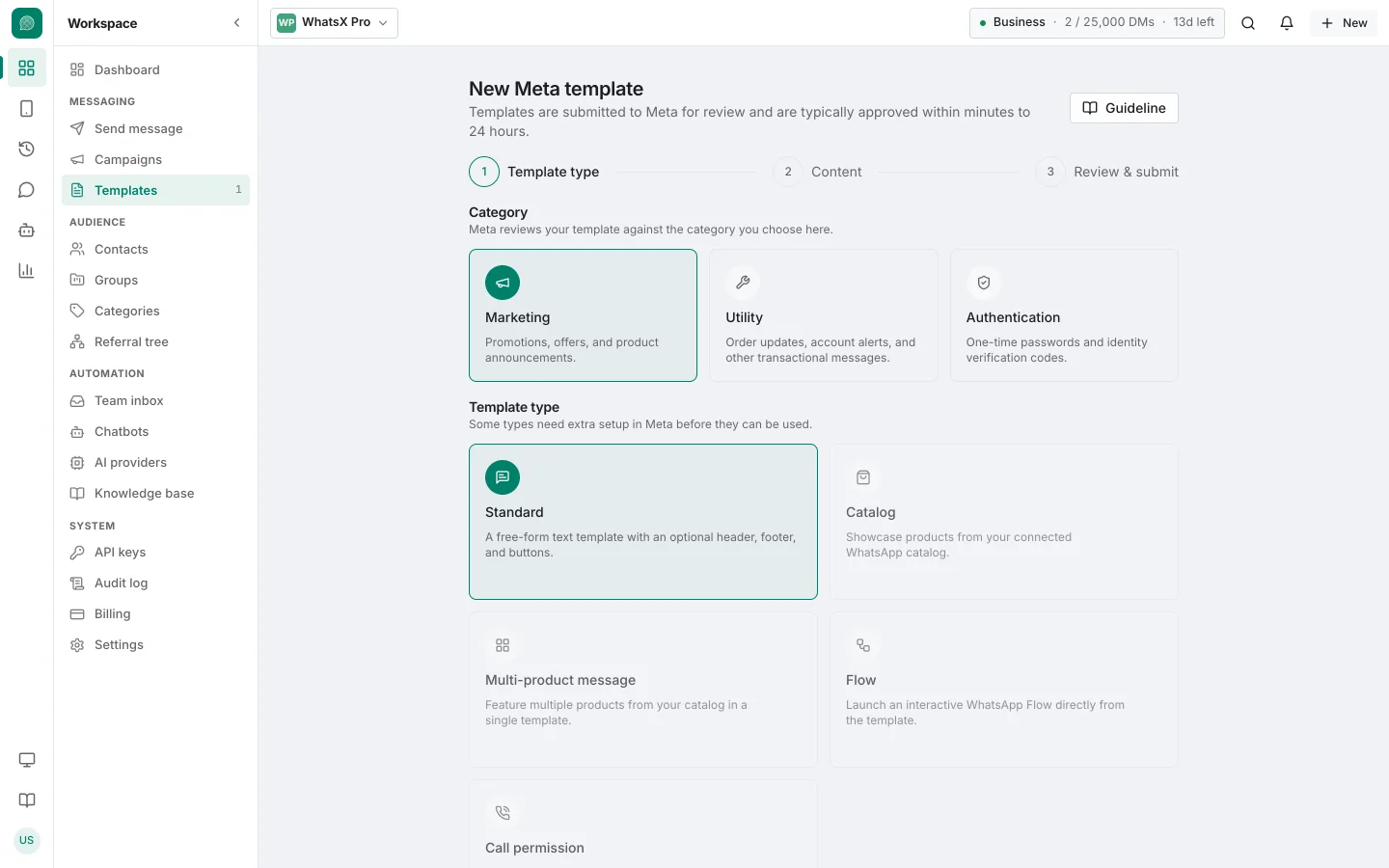 WhatsX Pro Templates screen